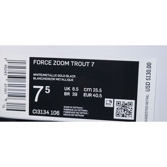 Nike Force Zoom Trout 7 Mens Metal Baseball Cleats Size 7.5 White Gold Black - Picture 9 of 9